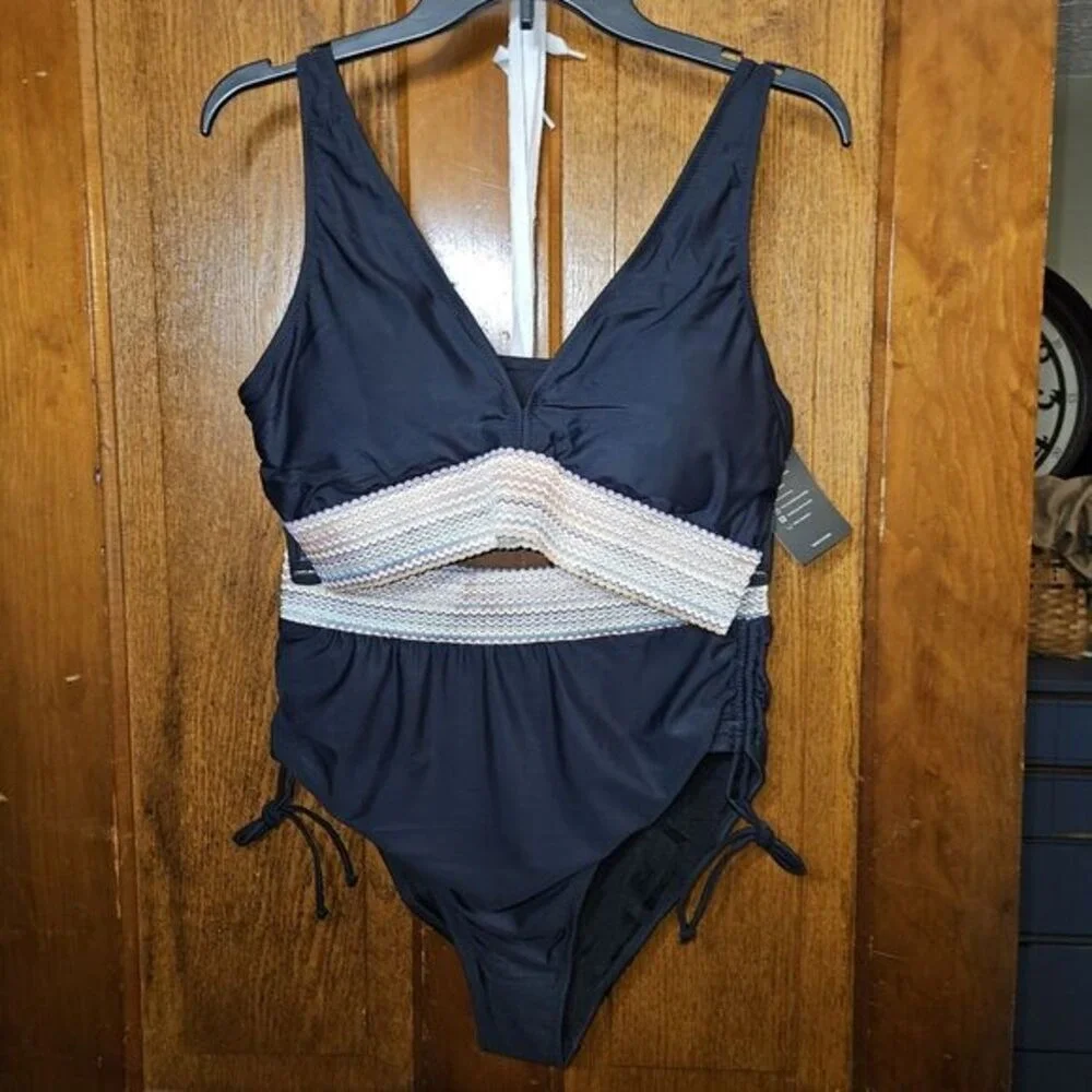 Zuvebamyo XL Black High Waisted Bikini Set Color Block Tummy Control NEW